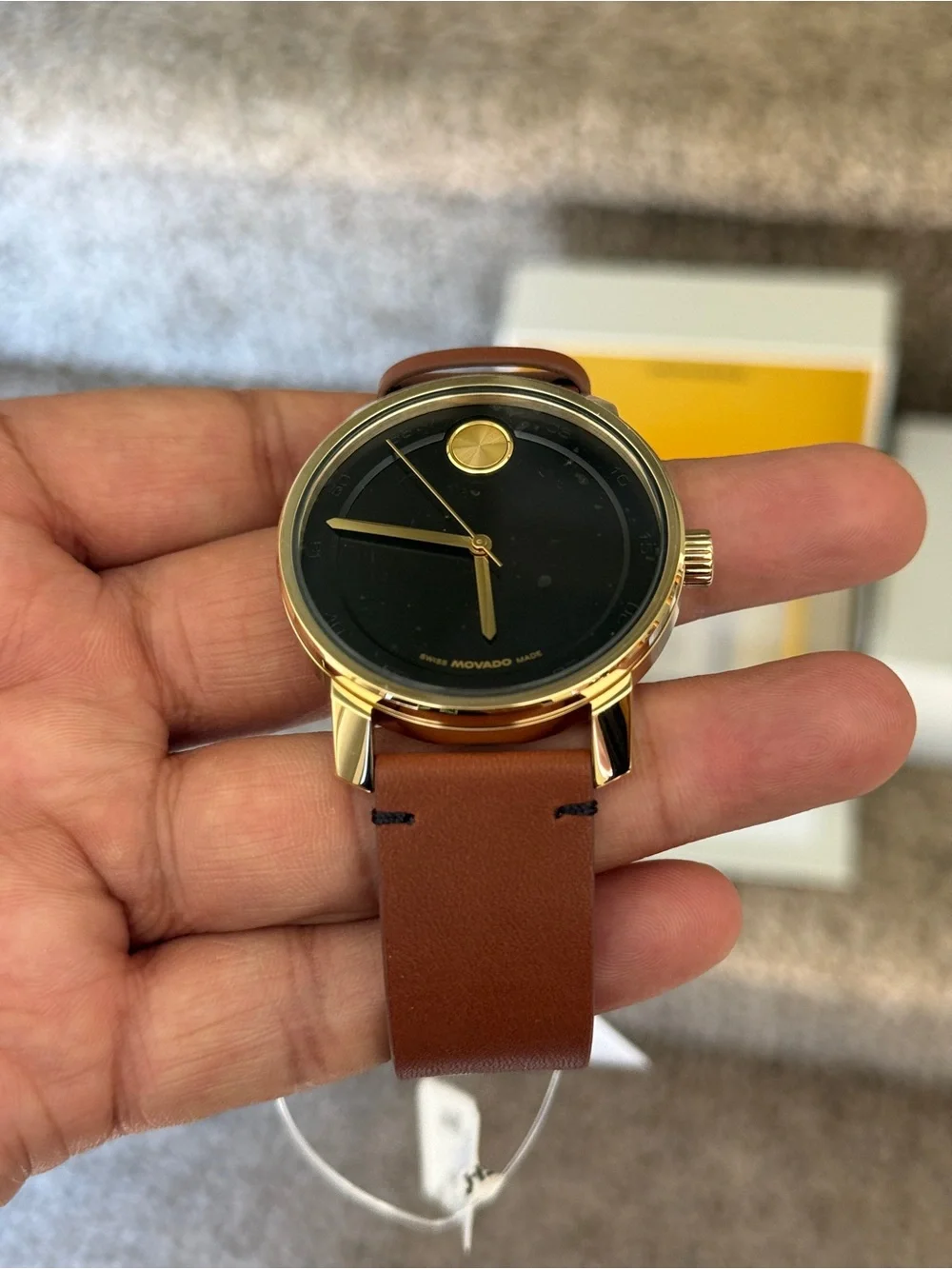 Movado bold Gold-Tone Case Black Dial Brown Leather Strap mens Watch